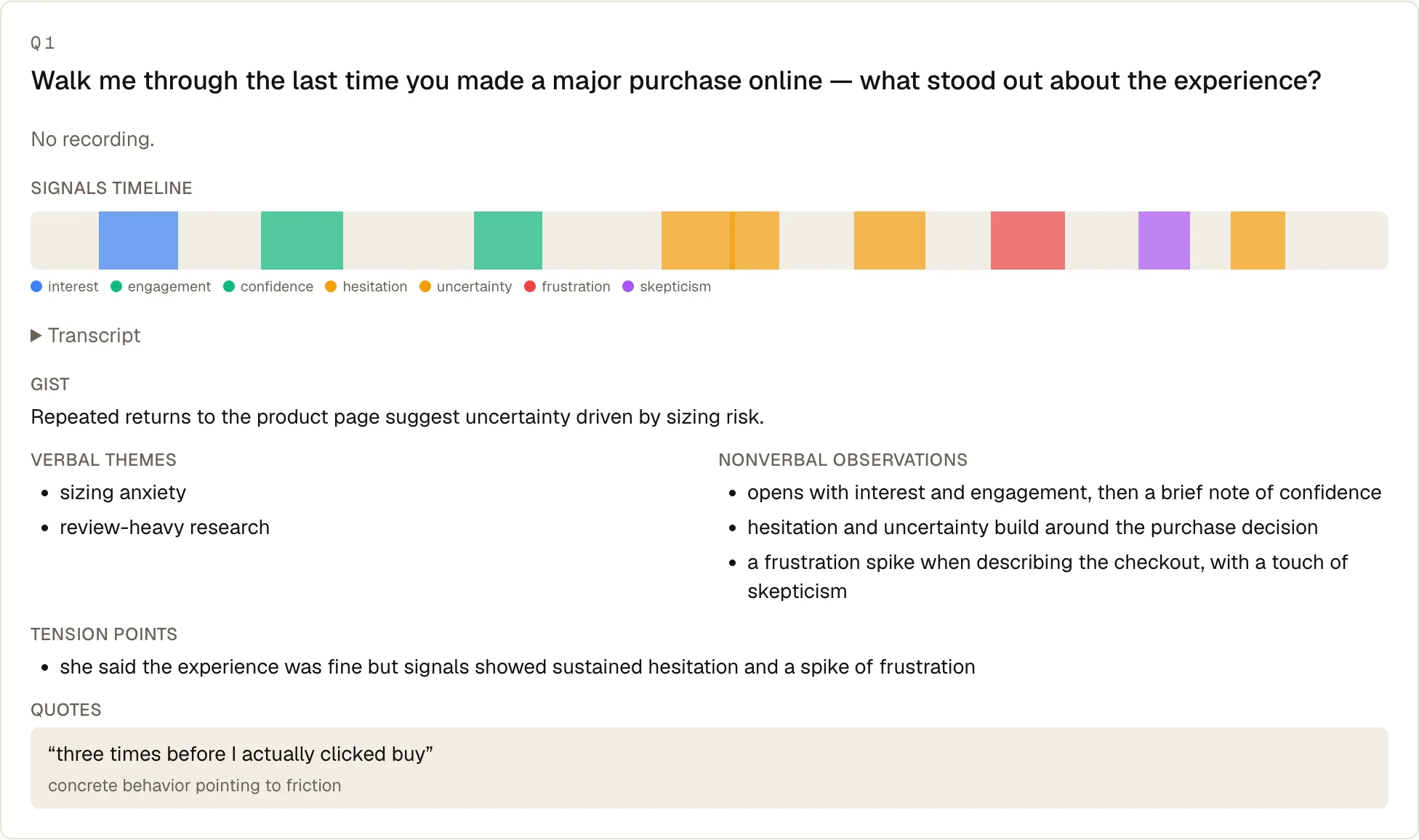A per-respondent answer where the words scored fine but the signals showed sustained hesitation