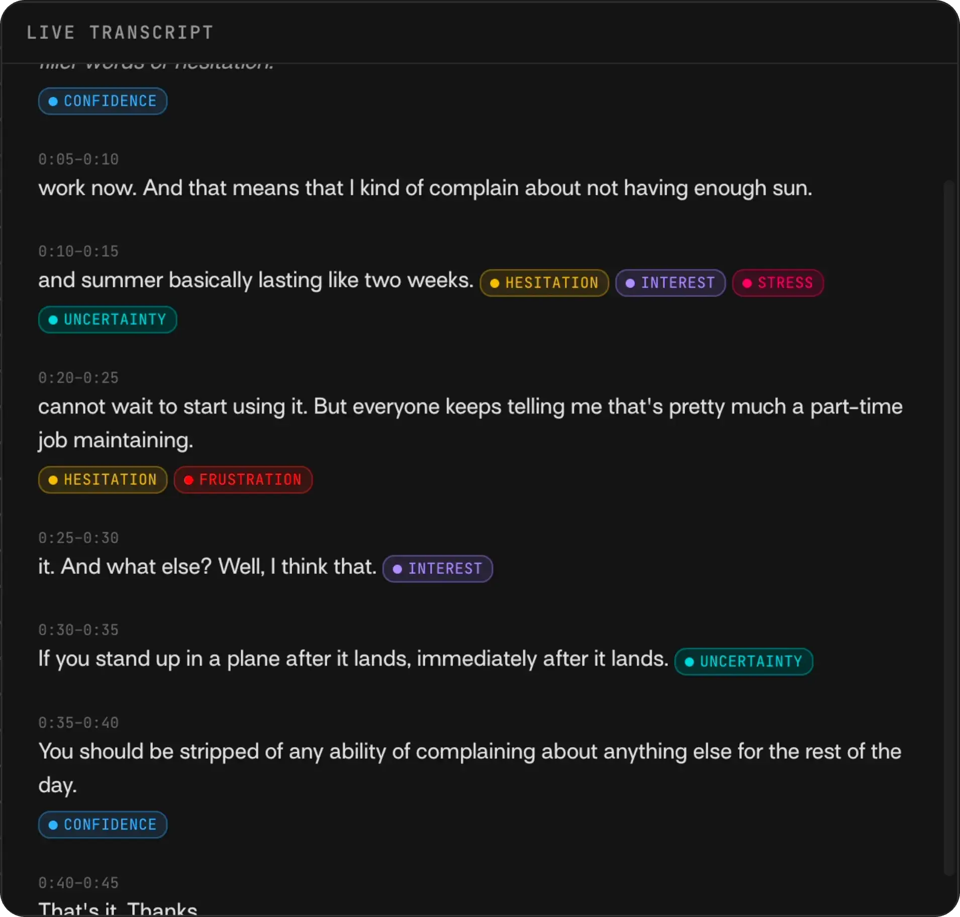 Live transcript with inline signal badges beside spoken text